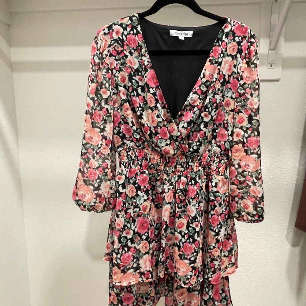 Mimi Chica Floral Long Sleeve Dress in Black and Pink